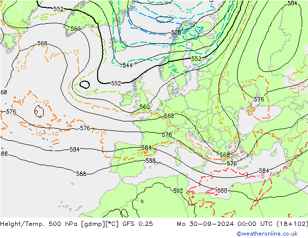 Z500/Rain (+SLP)/Z850 GFS 0.25  30.09.2024 00 UTC