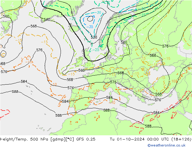 Z500/Rain (+SLP)/Z850 GFS 0.25  01.10.2024 00 UTC