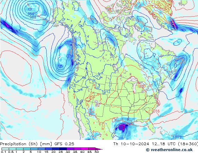 Precipitation (6h) GFS 0.25 Čt 10.10.2024 18 UTC