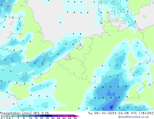 Neerslag GFS 0.25 zo 06.10.2024 06 UTC