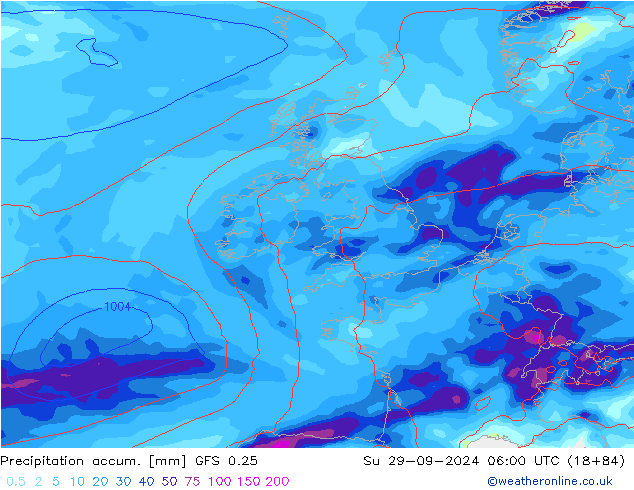 Precipitation accum. GFS 0.25 Dom 29.09.2024 06 UTC