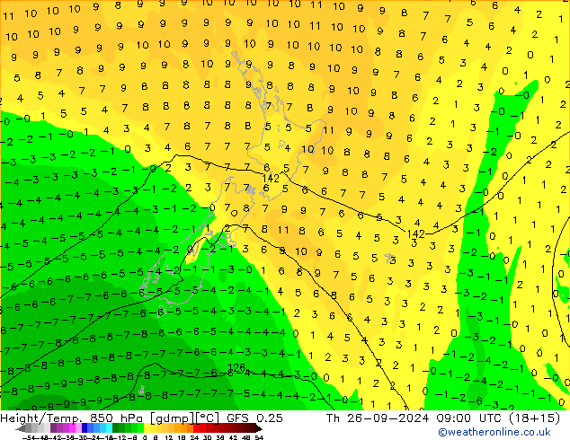 Height/Temp. 850 hPa GFS 0.25 Th 26.09.2024 09 UTC