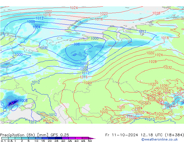 Precipitation (6h) GFS 0.25 Pá 11.10.2024 18 UTC