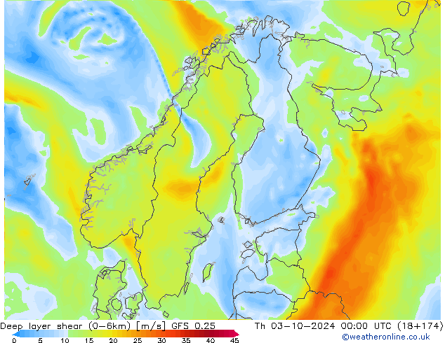 Deep layer shear (0-6km) GFS 0.25 чт 03.10.2024 00 UTC