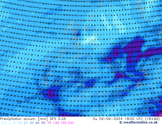 Precipitation accum. GFS 0.25  29.09.2024 18 UTC