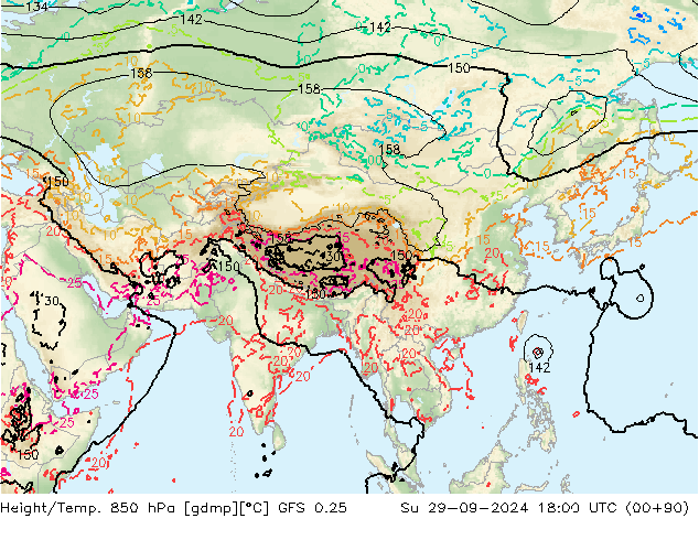 Height/Temp. 850 hPa GFS 0.25 nie. 29.09.2024 18 UTC