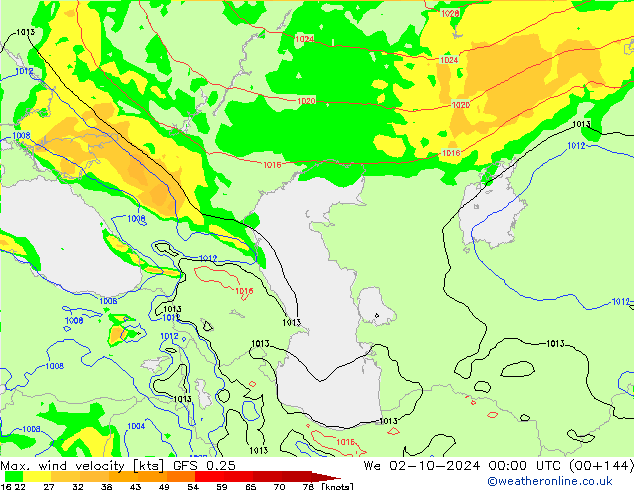 Max. wind velocity GFS 0.25 śro. 02.10.2024 00 UTC