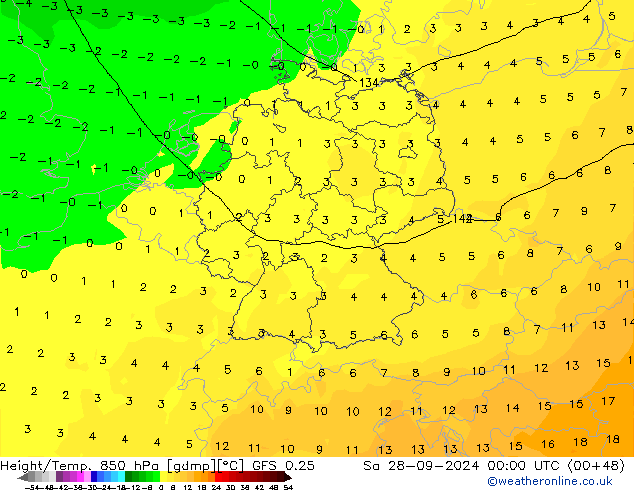 Height/Temp. 850 hPa GFS 0.25 Sa 28.09.2024 00 UTC