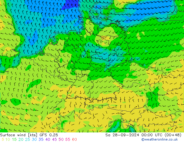 Vent 10 m GFS 0.25 sam 28.09.2024 00 UTC