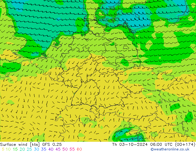 Surface wind GFS 0.25 Th 03.10.2024 06 UTC