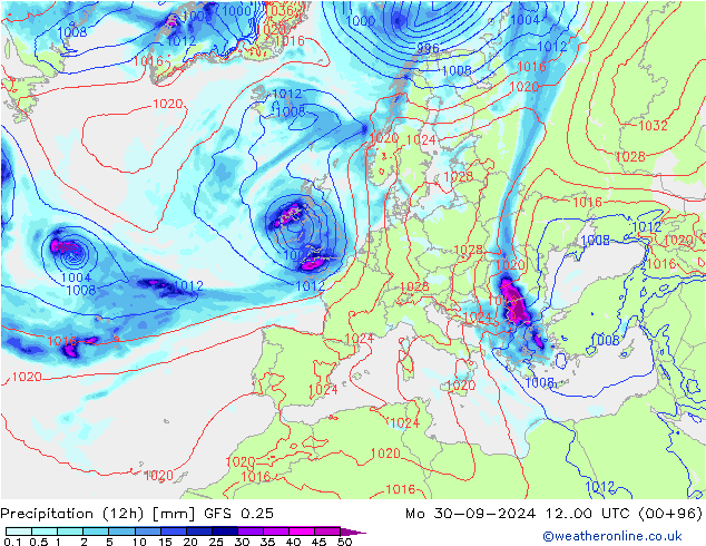 Totale neerslag (12h) GFS 0.25 ma 30.09.2024 00 UTC