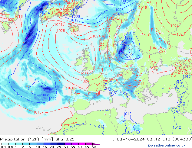 Precipitazione (12h) GFS 0.25 mar 08.10.2024 12 UTC