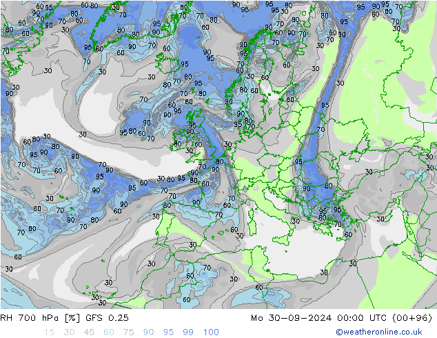 RH 700 hPa GFS 0.25 Mo 30.09.2024 00 UTC