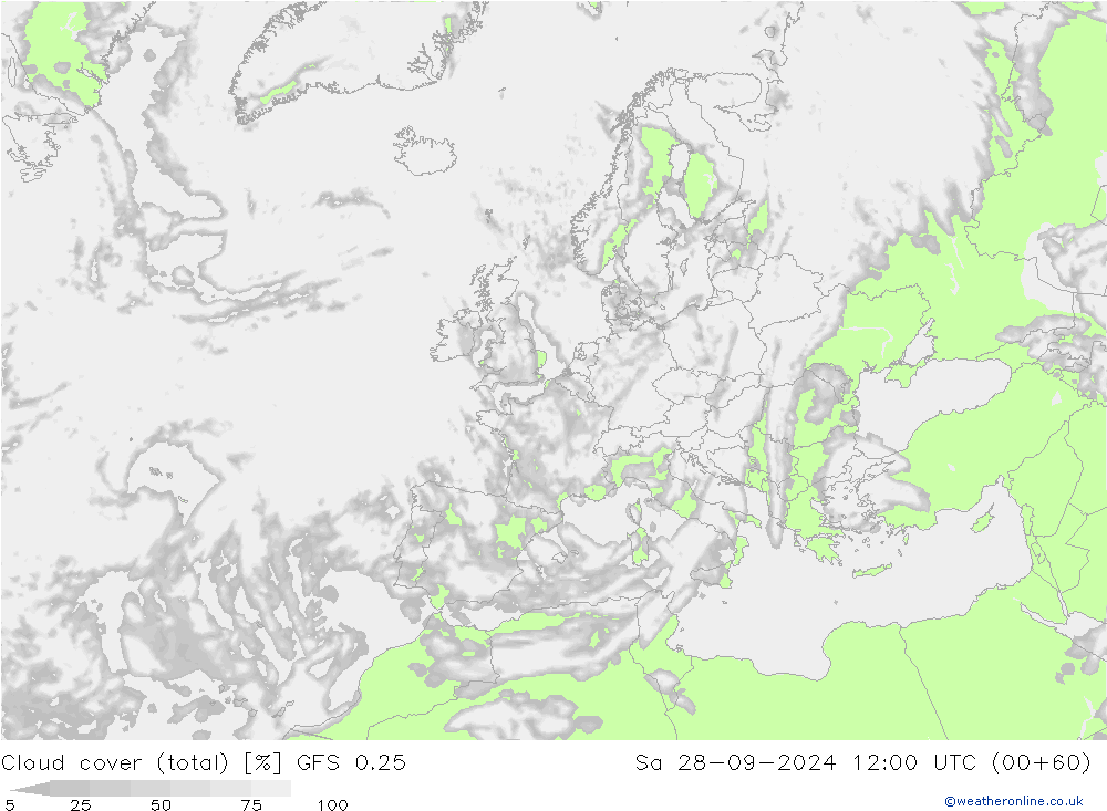 Cloud cover (total) GFS 0.25 Sa 28.09.2024 12 UTC