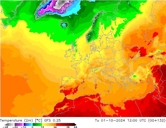 Temperature (2m) GFS 0.25 Út 01.10.2024 12 UTC