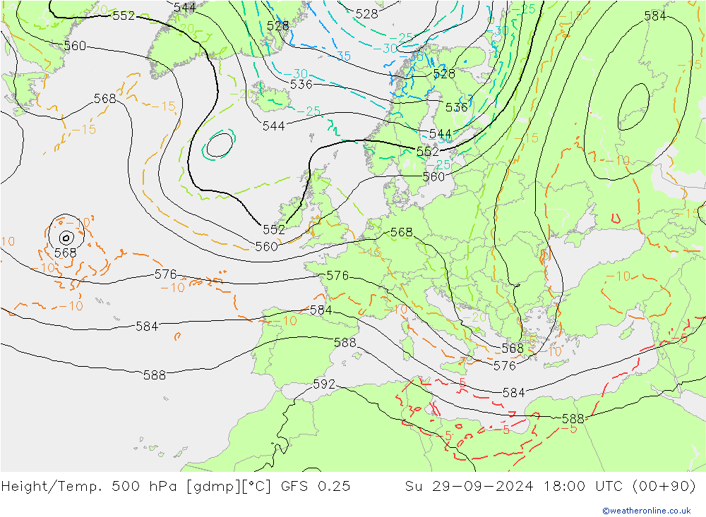 Z500/Yağmur (+YB)/Z850 GFS 0.25 Paz 29.09.2024 18 UTC