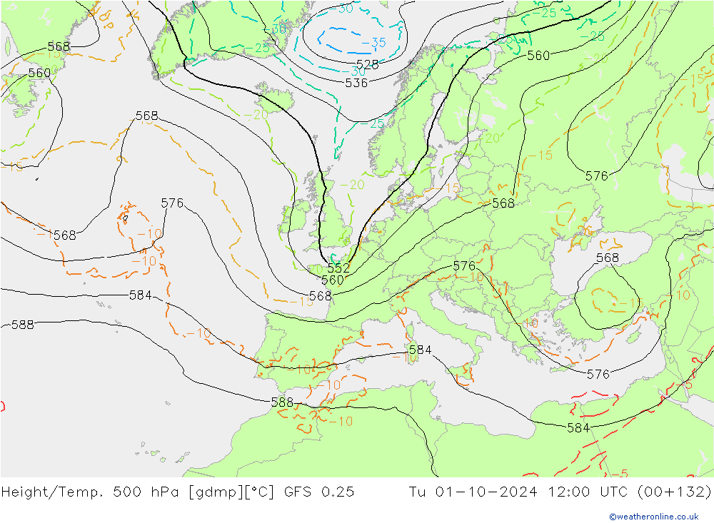 Z500/Yağmur (+YB)/Z850 GFS 0.25 Sa 01.10.2024 12 UTC