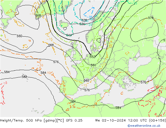 Z500/Rain (+SLP)/Z850 GFS 0.25 We 02.10.2024 12 UTC