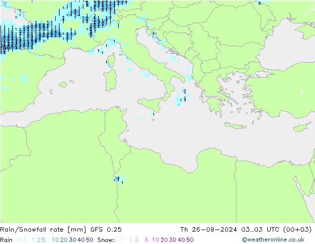 Rain/Snowfall rate GFS 0.25 czw. 26.09.2024 03 UTC