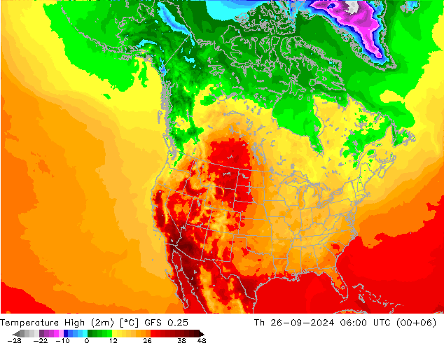 Temperature High (2m) GFS 0.25 星期四 26.09.2024 06 UTC