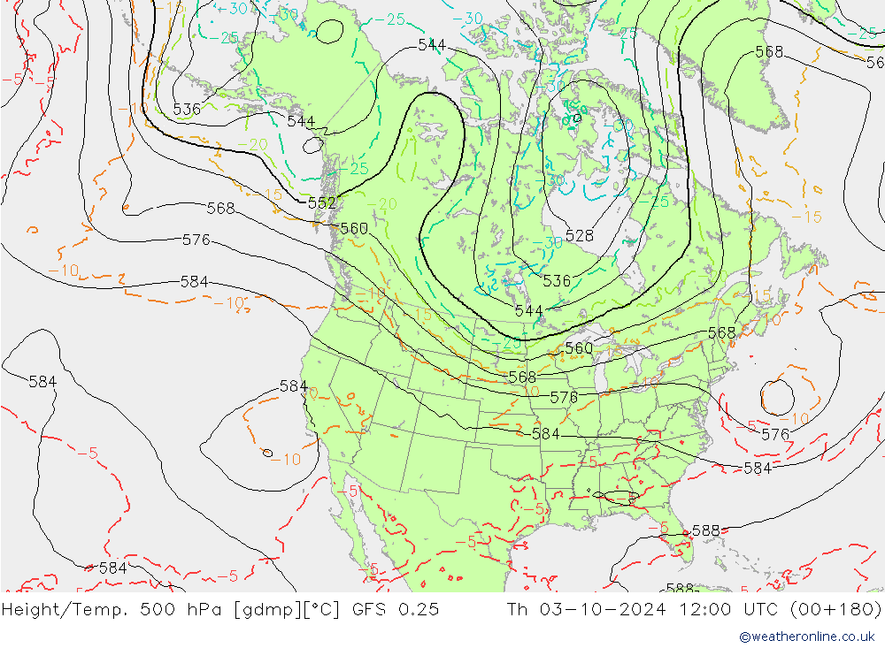 Z500/Rain (+SLP)/Z850 GFS 0.25 Do 03.10.2024 12 UTC