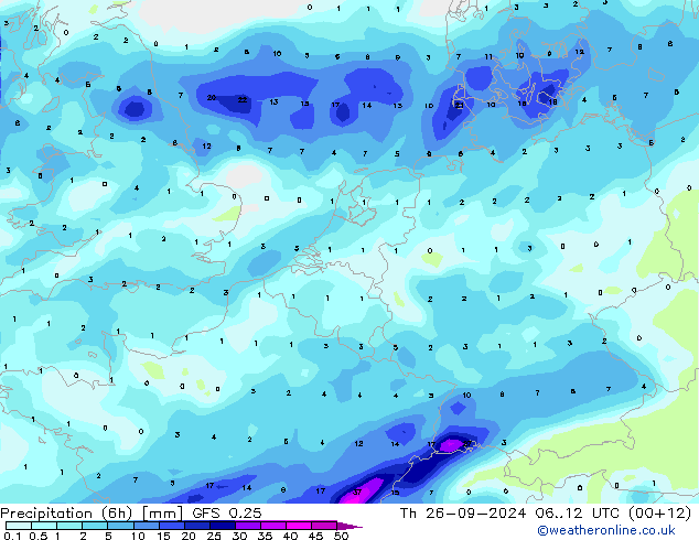 Z500/Rain (+SLP)/Z850 GFS 0.25  26.09.2024 12 UTC