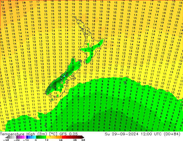 Temperature High (2m) GFS 0.25 Su 29.09.2024 12 UTC