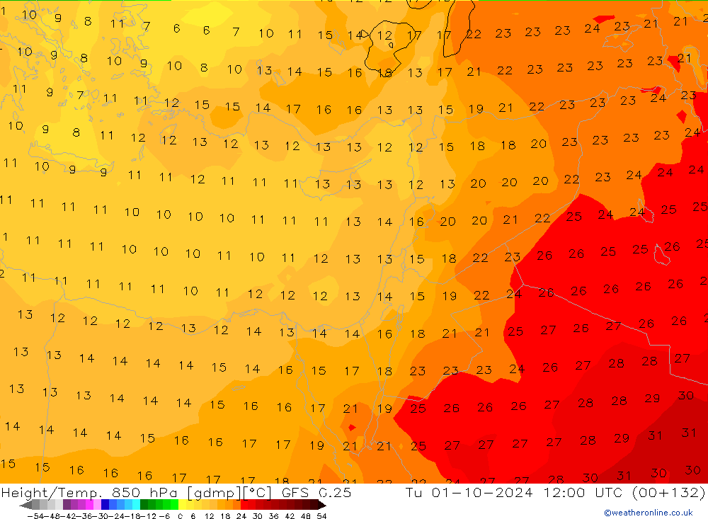 Height/Temp. 850 hPa GFS 0.25  01.10.2024 12 UTC