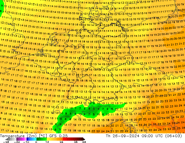 Temperatuurkaart (2m) GFS 0.25 do 26.09.2024 09 UTC