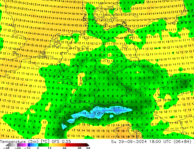 Temperatura (2m) GFS 0.25 dom 29.09.2024 18 UTC