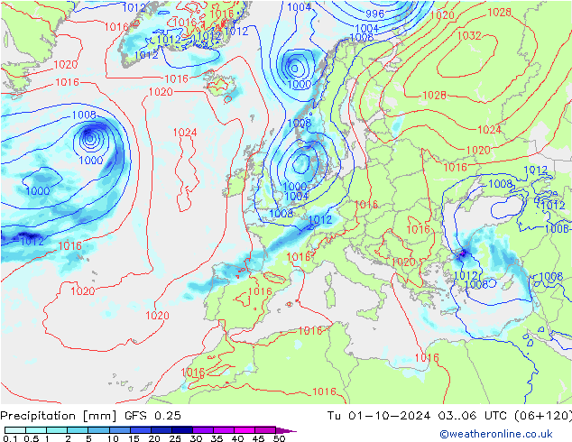 precipitação GFS 0.25 Ter 01.10.2024 06 UTC