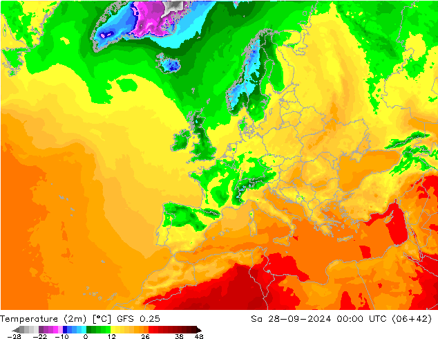 Temperature (2m) GFS 0.25 Sa 28.09.2024 00 UTC