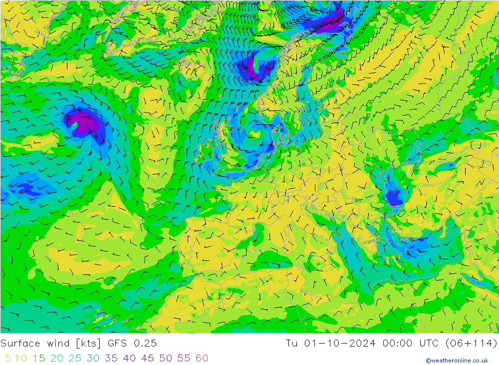 ветер 10 m GFS 0.25 вт 01.10.2024 00 UTC