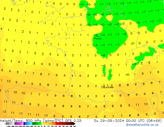 Hoogte/Temp. 850 hPa GFS 0.25 zo 29.09.2024 00 UTC