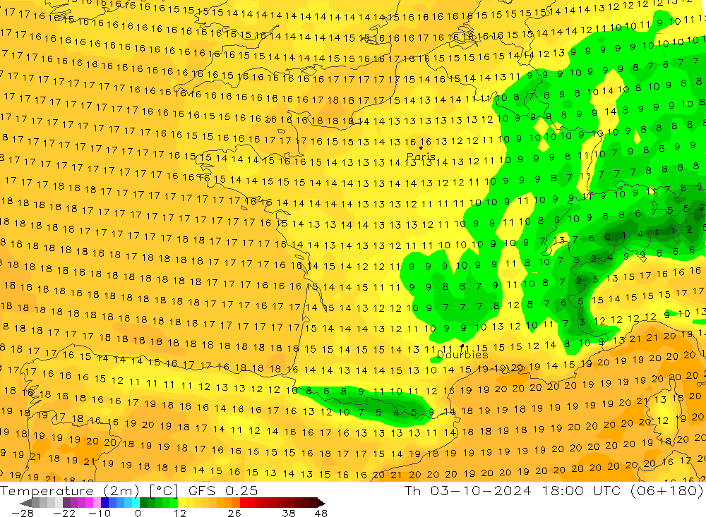 Temperature (2m) GFS 0.25 Th 03.10.2024 18 UTC