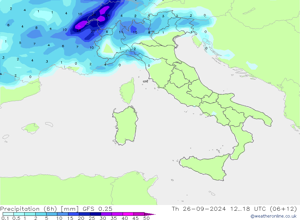 Precipitação (6h) GFS 0.25 Qui 26.09.2024 18 UTC