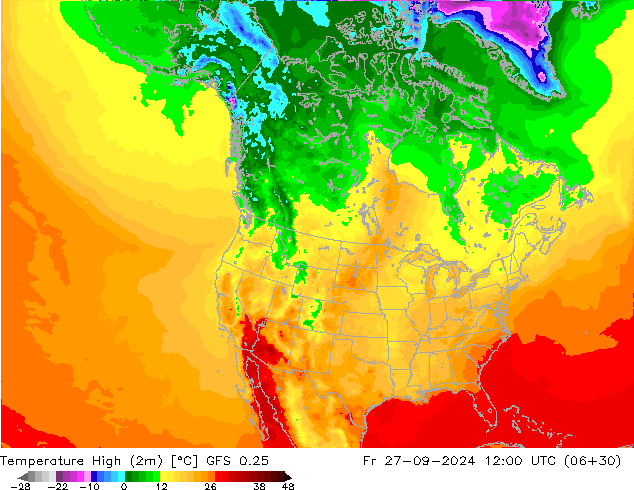 Max. Temperatura (2m) GFS 0.25 pt. 27.09.2024 12 UTC