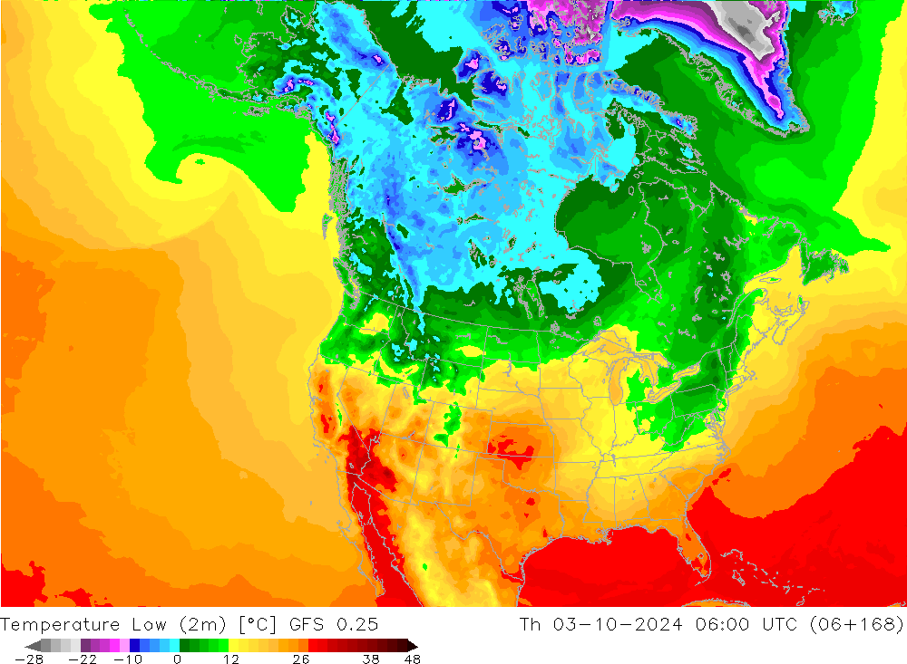 Temperature Low (2m) GFS 0.25 Th 03.10.2024 06 UTC