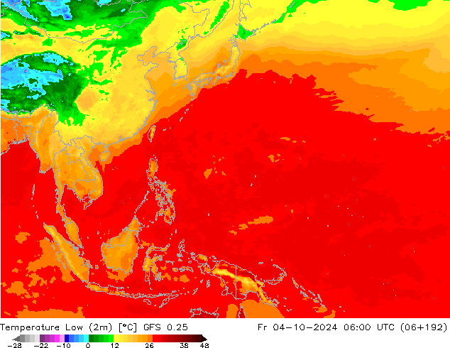 Temperatura mín. (2m) GFS 0.25 vie 04.10.2024 06 UTC