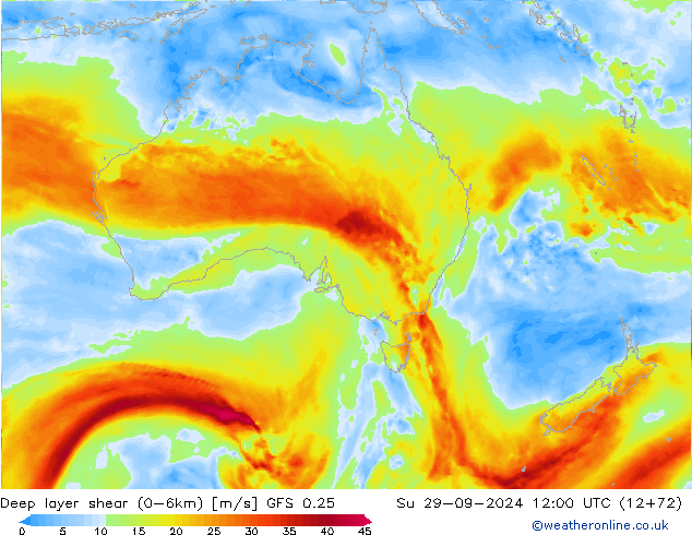 Deep layer shear (0-6km) GFS 0.25 dim 29.09.2024 12 UTC