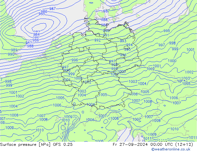 Luchtdruk (Grond) GFS 0.25 vr 27.09.2024 00 UTC