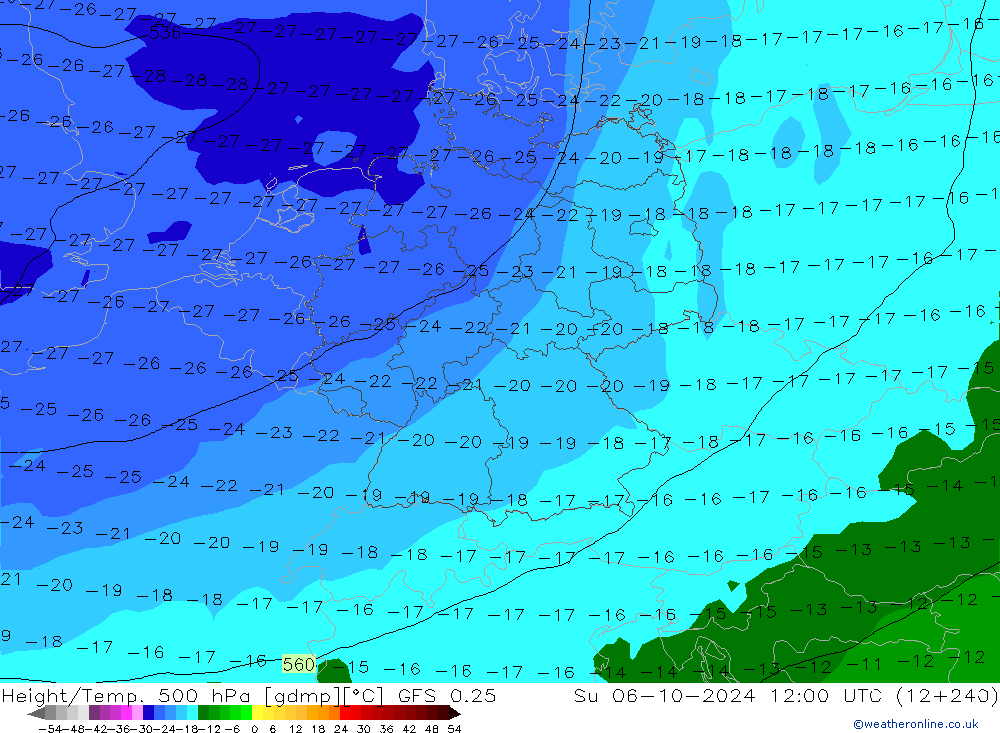 Z500/Rain (+SLP)/Z850 GFS 0.25 nie. 06.10.2024 12 UTC