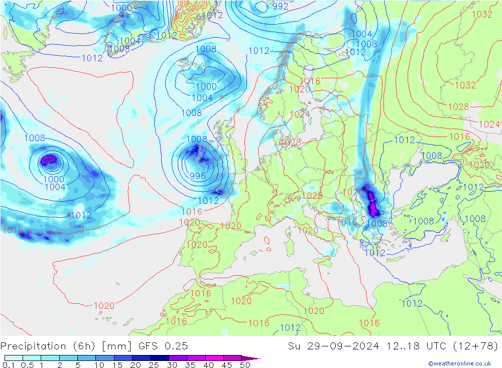 Z500/Rain (+SLP)/Z850 GFS 0.25 Вс 29.09.2024 18 UTC