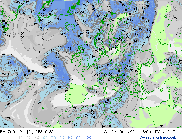 RH 700 hPa GFS 0.25 Sáb 28.09.2024 18 UTC