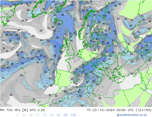 RH 700 hPa GFS 0.25 Qui 03.10.2024 00 UTC