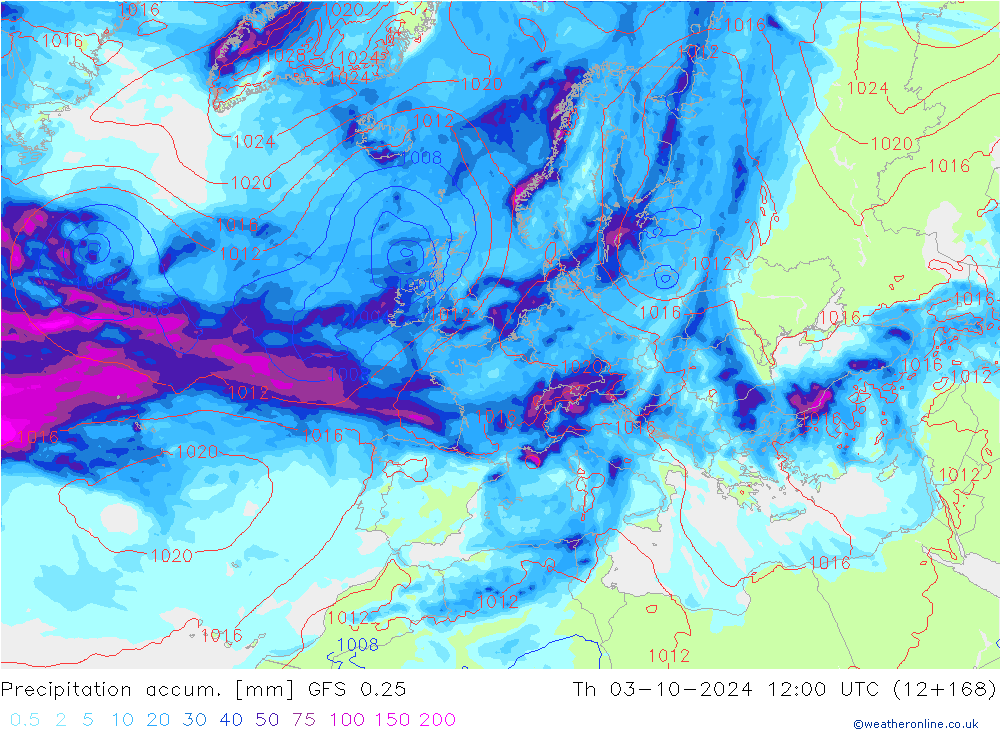 Precipitation accum. GFS 0.25 Th 03.10.2024 12 UTC