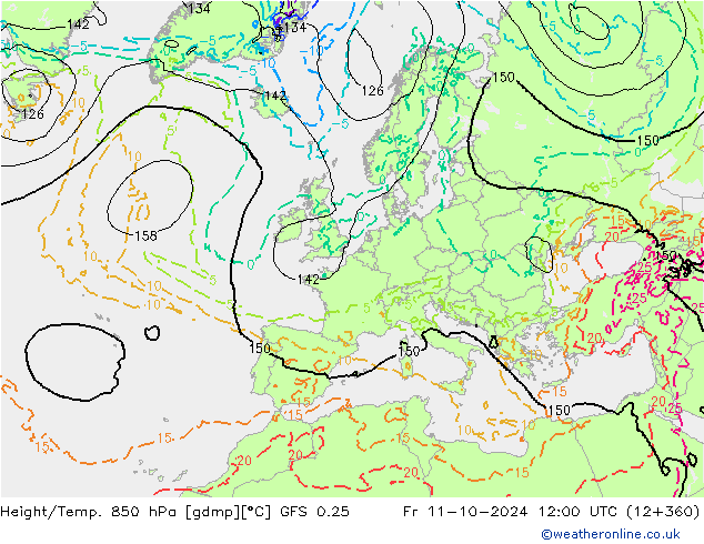 Height/Temp. 850 hPa GFS 0.25 Fr 11.10.2024 12 UTC