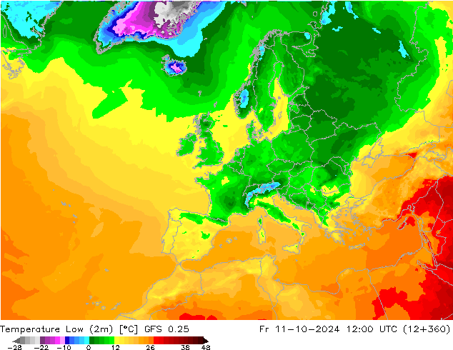 Minumum Değer (2m) GFS 0.25 Cu 11.10.2024 12 UTC