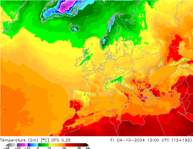 Temperaturkarte (2m) GFS 0.25 Fr 04.10.2024 12 UTC