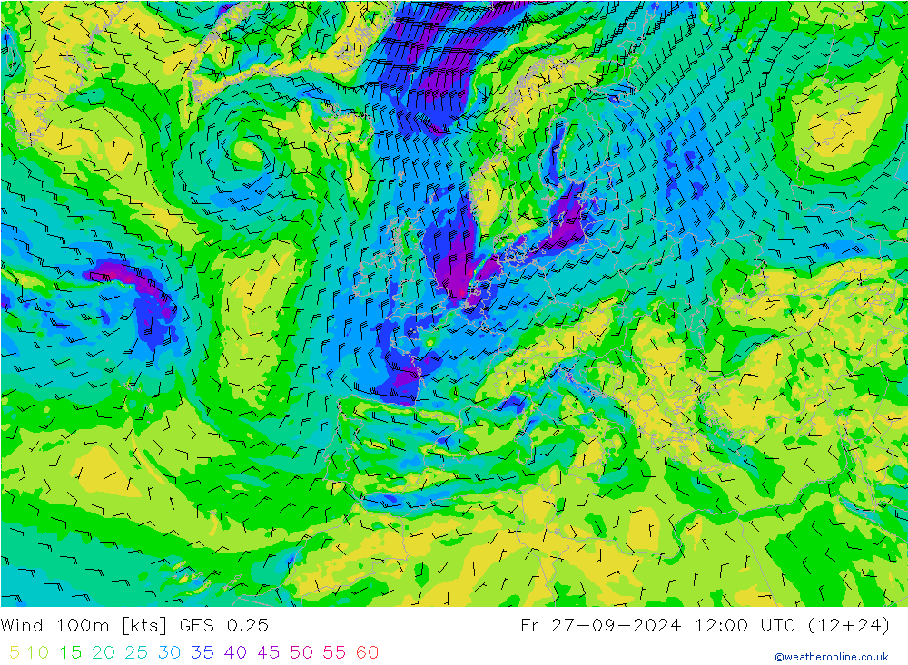 Wind 100m GFS 0.25 Fr 27.09.2024 12 UTC